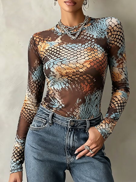 Casual Snakeskin Crew Neck T-shirt, Tees, color:As Picture|size:XXL, Stylewe