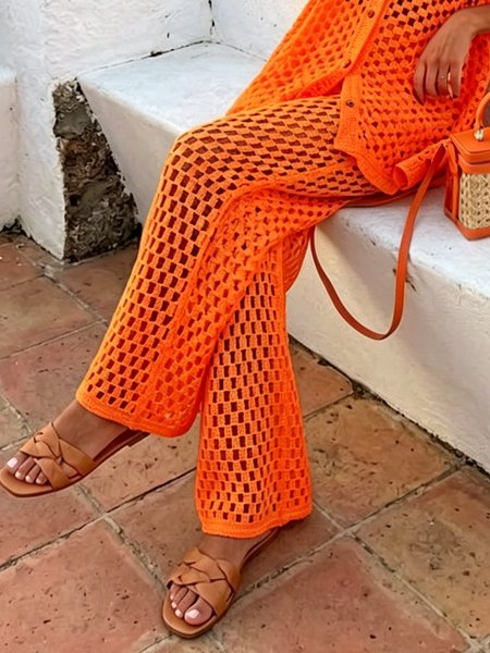 Vacation Plain Hollow Out Straight Sweater Pants, Pants, color:Orange|size:XXL, Stylewe