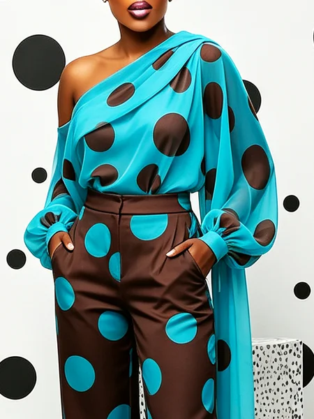 Elegant Polka Dots Printing Blouse, Blouses and Shirts, color:Blue|size:XXL, Stylewe