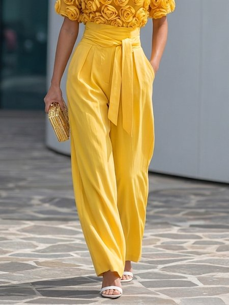 Elegant Plain Straight Pants With Belt, Pants, color:Yellow|size:XXL, Stylewe