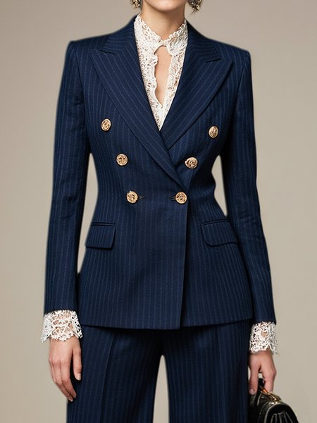 Urban Double Breasted Striped Lapel Collar Blazer, Blazers, color:Deep Blue|size:XS, Stylewe