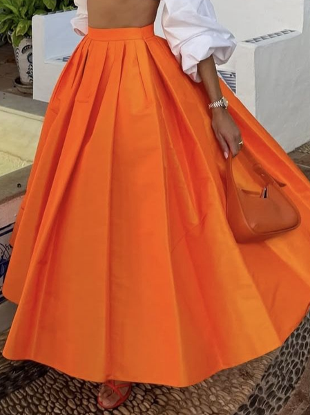 Elegant Ruched Plain Maxi Skirt, Skirts, color:Orange|size:XXL, Stylewe