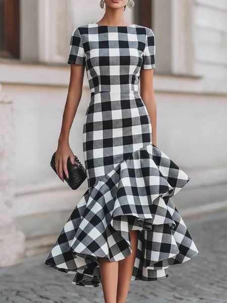 Elegant Plaid Crew Neck Maxi Dress, Midi Dresses, color:As Picture|size:XXL, Stylewe
