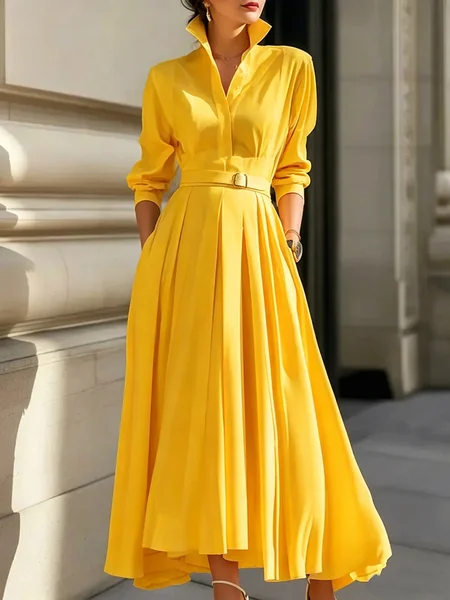 Urban Plain Ruched Shirt Collar Midi Dress With Belt, Maxi Dresses, color:Yellow|size:XXL, Stylewe