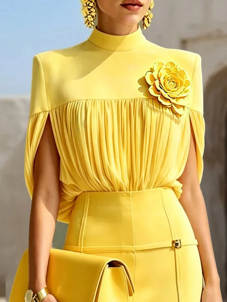 Plus Size Elegant Plain Ruched Stand Collar Blouse, Plus Tops, color:Yellow|size:4X, Stylewe