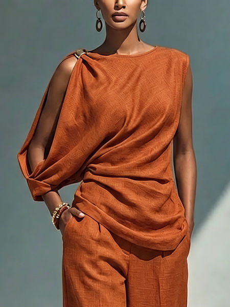 Plus Size Cotton And Linen Urban Plain  Off Shoulder Sleeve Blouse, Plus Tops, color:Orange|size:4X, Stylewe