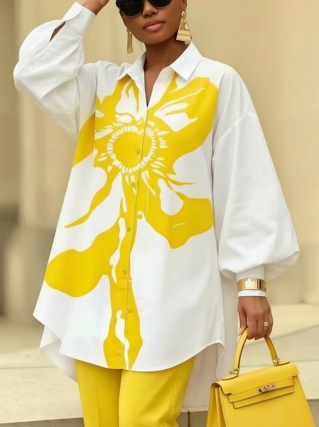 Casual Floral Printing Shirt Collar Shirt, Blouses and Shirts, color:White|size:XXL, Stylewe