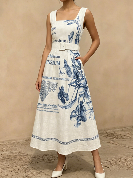 Square Neck Elegant Regular Fit Dress With Belt, Midi Dresses, color:Blue|size:XL, Stylewe