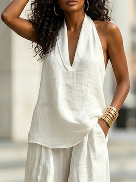 Cotton Casual Plain Halter Neck Blouse, Blouses and Shirts, color:White|size:XXL, Stylewe