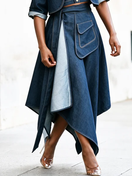 Urban Irregular Craftsmanship Plain Maxi Denim Skirt, Denim Skirts, color:Denim Blue|size:XXL, Stylewe