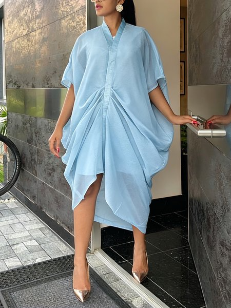 Elegant Plain Ruched V Neck Midi Dress, Midi Dresses, color:Blue|size:XXL, Stylewe