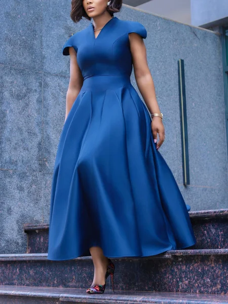 Elegant Plain V Neck Maxi Party Dress, Maxi Dresses, color:Blue|size:XXL, Stylewe