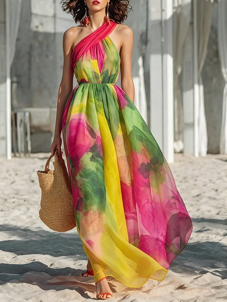 Vacation Random Print Printing Asymmetrical Maxi Dress, Maxi Dresses, color:As Picture|size:XXL, Stylewe