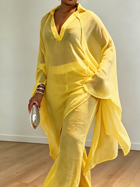 Cotton And Linen Loosen Casual Plain Shirt Collar Blouse, Blouses and Shirts, color:Yellow|size:XXL, Stylewe