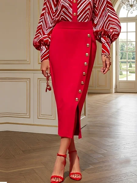 Urban Slit Plain Midi Skirt, Skirts, color:Red|size:XXL, Stylewe