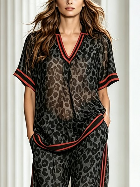 Casual Leopard Printing Shawl Collar Blouse, Blouses and Shirts, color:As Picture|size:XXL, Stylewe