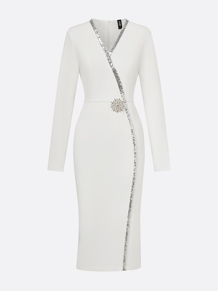 Elegant Rhinestone-Trim Midi Dress, Midi Dresses, color:White|size:XXL, Stylewe