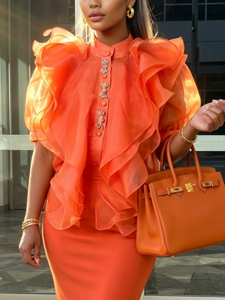 Elegant Plain Peplum Mock Neck Shirt, Blouses and Shirts, color:Orange|size:XXL, Stylewe