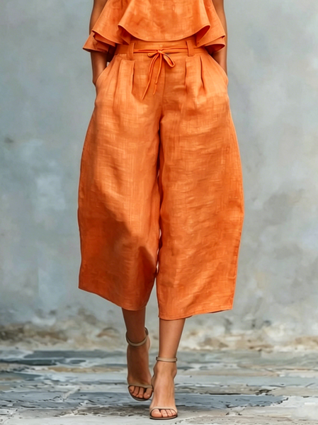 Casual Solid Relaxed Cropped Lace-up Wide Leg Pants, Pants, color:Orange|size:XXL, Stylewe