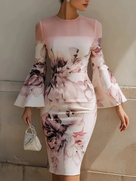 Elegant Floral Bell Sleeve Split Joint Crew Neck Knee Length Dress, Midi Dresses, color:Pink|size:XXL, Stylewe