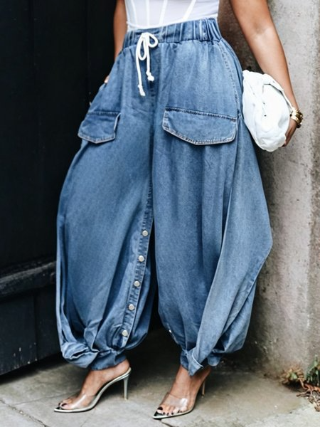 Denim Loose Plain Casual Jeans, Jeans, color:Blue|size:XXL, Stylewe