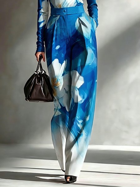 Elegant Floral Printing Straight Pants, Pants, color:Blue|size:XXL, Stylewe
