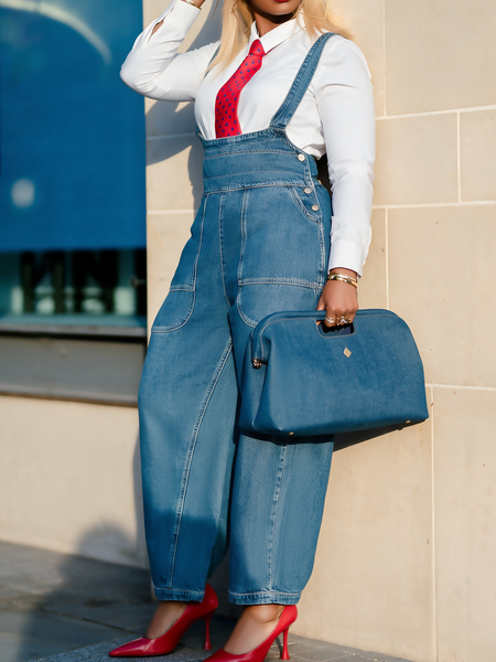 Urban Plain Denim Bib Pants, Overalls, color:Denim Blue|size:XXL, Stylewe