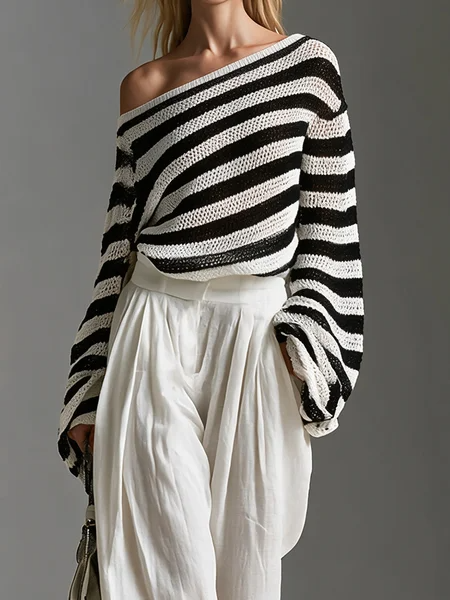 Medium Elasticity Casual Striped Long Sleeve Sweater, Pullovers, color:As Picture|size:XXL, Stylewe