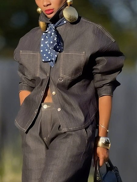 Casual Plain Shirt Collar Denim Shirt, Blouses and Shirts, color:As Picture|size:XXL, Stylewe