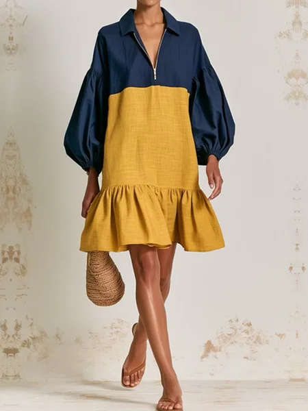 Casual Color Block Shirt Collar Cotton And Linen Mini Dress, Mini Dresses, color:As Picture|size:XXL, Stylewe