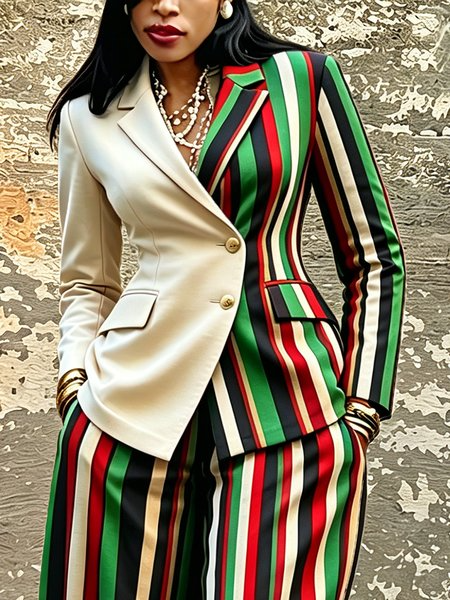 Urban Printing Striped Lapel Collar Blazer, Blazers, color:Green|size:XXL, Stylewe