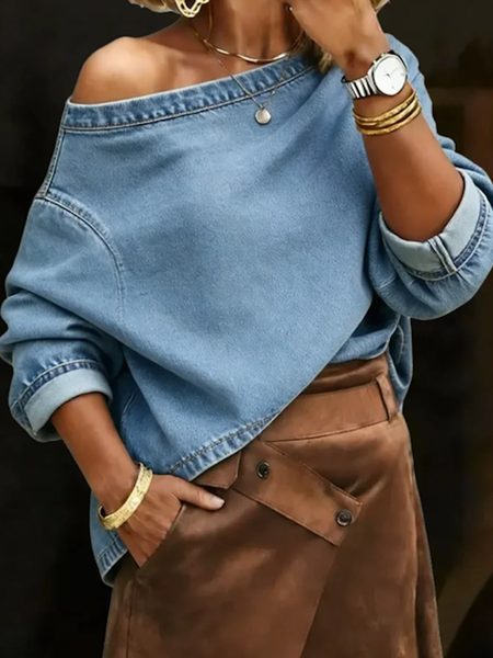 Casual Plain Asymmetrical Denim Top, Blouses and Shirts, color:Denim Blue|size:XXL, Stylewe