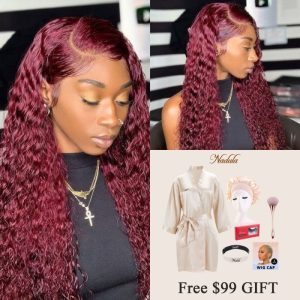 Nadula tiktok 99J Colored Curly Human Hair Wig Pre Plucked 13x4 Lace Frontal Wig Burgundy Human Hair Lace Wigs For Women, Catalog Online Nadula 2615