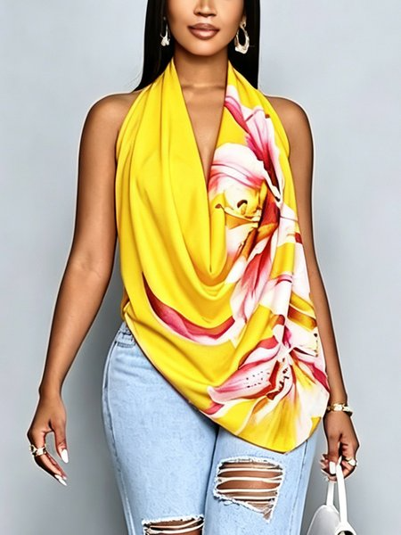 Vacation Floral Printing Cowl Neck Blouse, Blouses and Shirts, color:Yellow|size:XXL, Stylewe