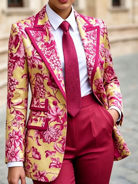 Urban Printing Floral Lapel Collar Blazer, Blazers, color:Rose Red|size:XXL, Stylewe