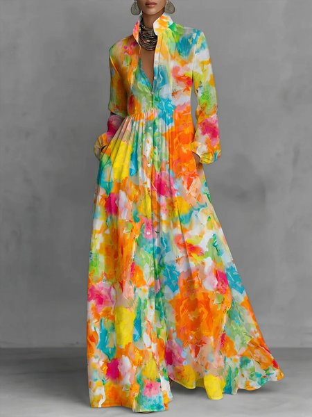 Vacation Random Print Printing Stand Collar Maxi Dress, Maxi Dresses, color:As Picture|size:XXL, Stylewe