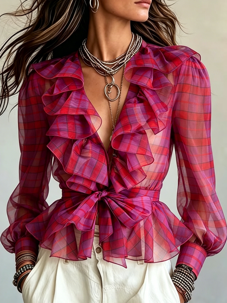 Elegant Plaid Printing Lotus Leaf Collar Blouse, Blouses and Shirts, color:Rose|size:XXL, Stylewe
