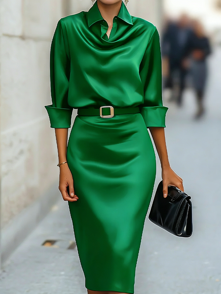 Elegant Satin Knee Length Shirt Dress 3/4 Sleeve Summer Party, Midi Dresses, color:Green|size:XXL, Stylewe
