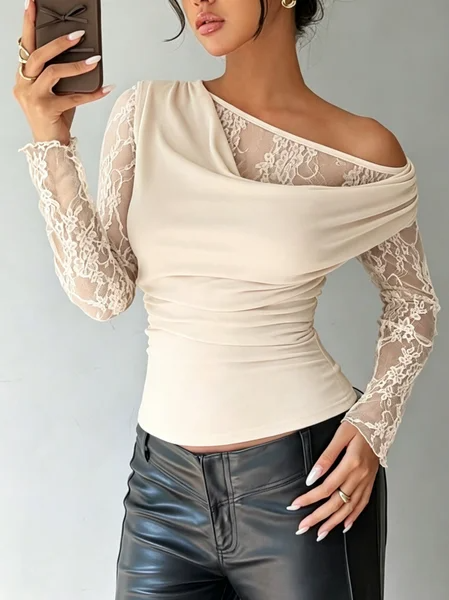 Elegant Plain Lace Cold Shoulder Blouse, Blouses and Shirts, color:Oatmeal|size:XXL, Stylewe