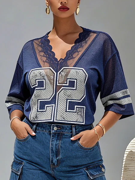 Casual Geometric Lace Edge Letter Pattern T-shirt, Tees, color:Blue|size:XXL, Stylewe