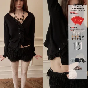 Acetate Camere Splicing Gathered Knitted Open Cardigan Women's Lace Design Versatile Top JINN STUDIO Long Sve ort Length - AliExpress Sweaters&Jumpers