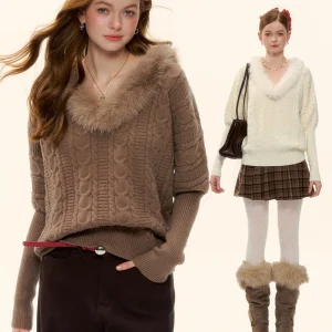 AsGony Vintage Lazy Sle Knitted Plu Twist Flower eep Leg Sve V-Ne Waist-Cinched Sweater Casual Loose Fit Long S... - AliExpress Sweaters&Jumpers