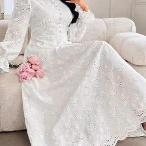 Women's White Eyelet Lace Mandarin Collar Puff Sleeve Maxi Dress for Spring Summer - AliExpress Sweaters&Jumpers