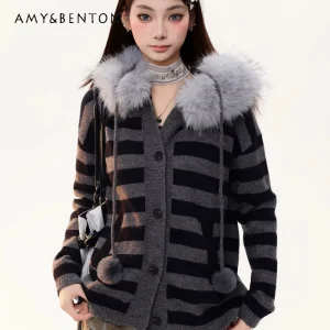 Vintage Design Black Gray Furry Collar Splicing Hooded Women's Sweater Spring New Versatile Zipper Warm Knitted Cardigan Ladies - AliExpress Sweaters&Jumpers