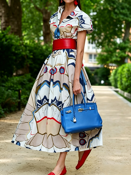 Elegant Geometric Printing Shawl Collar Maxi Dress No Belt, Maxi Dresses, color:As Picture|size:XXL, Stylewe