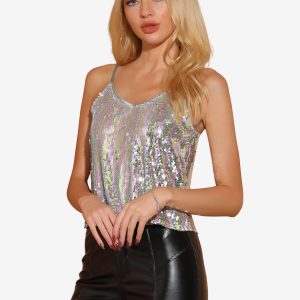Sequined Camisole Club Party Glitter Disco Sparkle Cami Top Silver Pink/XS - Allegra K catalog