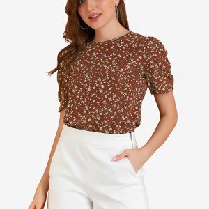 Floral Crew Neck Ruched Sleeve Casual Blouse Brown/M - Allegra K catalog