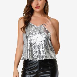 Sequined Camisole Club Party Glitter Disco Sparkle Cami Top Silver/XS - Allegra K catalog