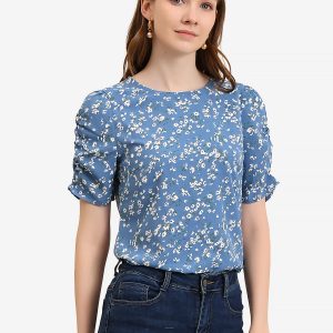 Floral Crew Neck Ruched Sleeve Casual Blouse Blue White/L - Allegra K catalog