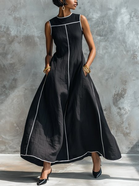 Cotton And Linen Casual Color Block Webbing Crew Neck Maxi Dress, Maxi Dresses, color:Black-white|size:XXL, Stylewe
